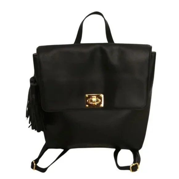 JOY & IMAN TASSEL CHIC RFID BLACK LEATHER BACKPACK - Picture 6 of 7